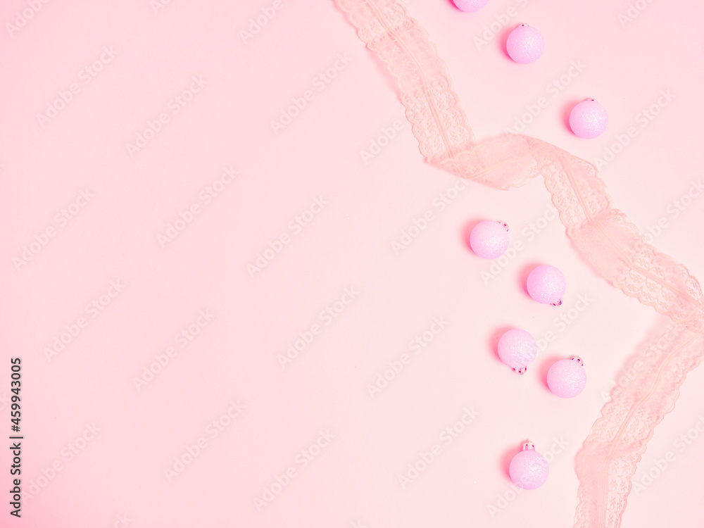 Top view of Christmas composition on pastel pink background. Holiday greeting card with copy space to text. Top view of Christmas composition on pastel pink background. Holiday greeting card with copy space to text.