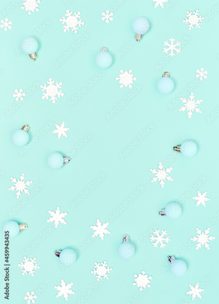 Christmas background. Top view of Christmas decorations. Flat lay of creative design on blue background. Copy space for text.