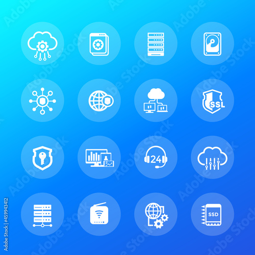 Hosting, servers and data storage icons, vector