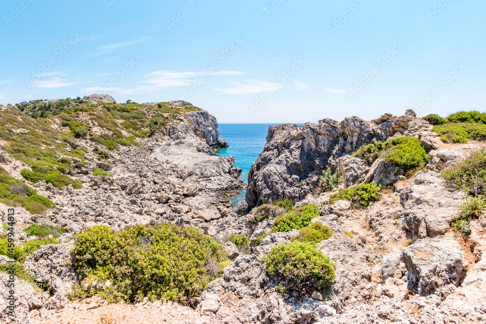 Rocky shore near Anthony Quinn Bay in Rhodes, Greece