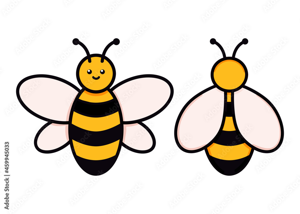 Cute set of bees vector illustration in doodle style. Colorful collection of bumblebees kids drawing for icon and logo design in yellow and black colors isolated on white background Cute set of bees vector illustration in doodle style. Colorful collection of bumblebees kids drawing for icon and logo design in yellow and black colors isolated on white background