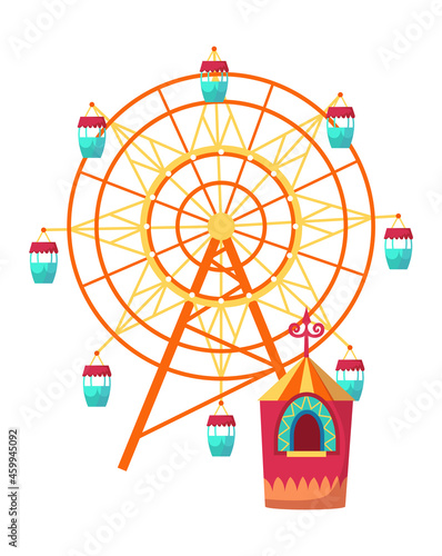 Amusement park attractions with observation wheel and ticket office.  illustration on white background