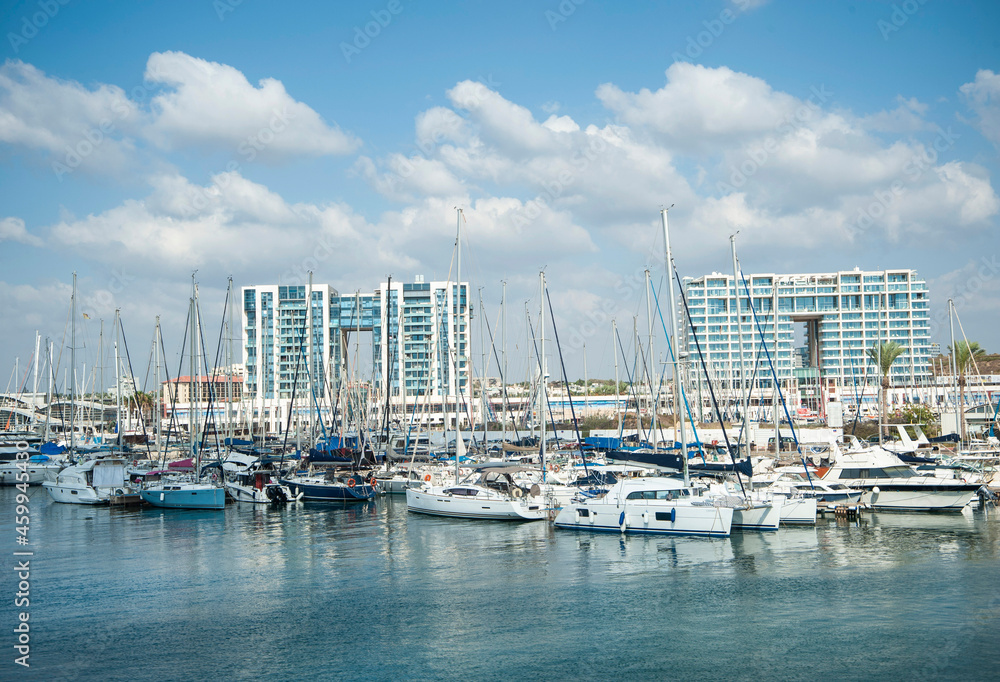 Famous Herzliya Marina with sailing yachts. Israel.