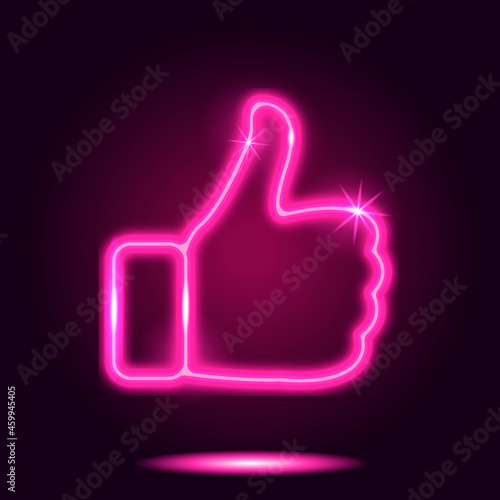 Neon luxury shiny Like. Thumbs up. Logo. Medal. Rating. Grade. Vote. Social media.