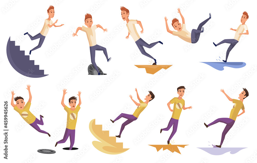 Set of falling man. Falling down people because of stumbling, slipping, accident, injury. Young men dangerous accidents. Bad luck, misfortune, fiasco. Business failure, company crash concept