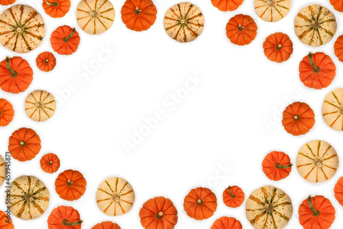 Pumpking wreath top view with copy space on a white background. Concept of fall, thanksgiving day, halloween,  greeting card mock up