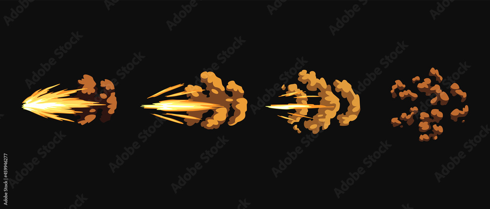 Gun flashes or gunshot animation. Fire explosion effect during the shot  with the gun. Cartoon flash effect of bullet start. Shotgun fire, muzzle  flash and explode Stock Illustration | Adobe Stock