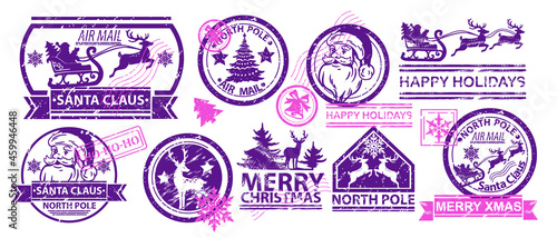 Christmas mail stamp set, vector Santa Claus postage letter sign, North Pole vintage design label. Holiday x-mas card print, reindeer silhouette, winter season delivery symbol kit. Christmas ink stamp