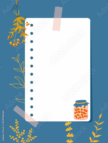 A sheet of notebook paper taped to wall. Note paper, branches with yellow berries, yellow contours of plants in the blue background. Vector illustration, flat style.