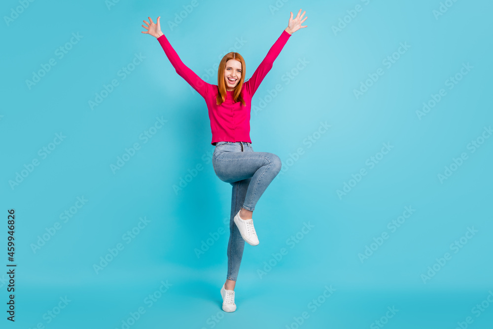 Obraz premium Full body photo of young sweet foxy head lady dance wear pink sweater jeans isolated on blue color background