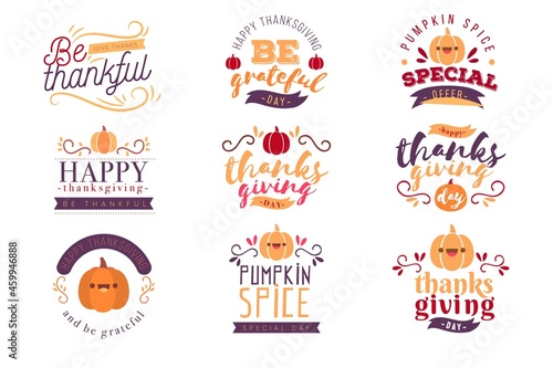 happy thanksgiving lettering badges collection vector design illustration
