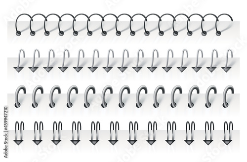 Notebook spirals, wire steel ring bindings and springs for calendar, diary, notepad, document cover or booklet sheets. Metal stitch isolated on white background. Can use as page divider