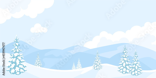 Winter landscape background. Snowy mountains and trees. Vector cartoon flat illustration.