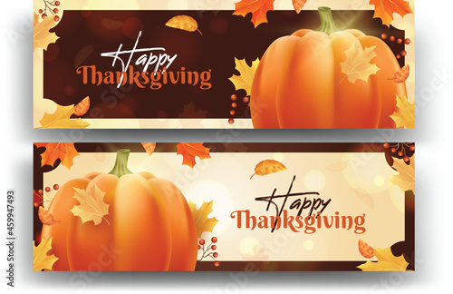 realistic thanksgiving banners with pumpkin dried leaves vector design illustration
