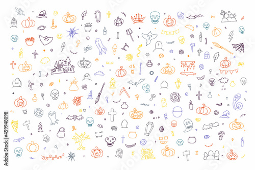 Big Doodle Happy Halloween set. Hand-drawn ghost, pumpkin, candles, skulls, bat on white background. Cute scary horror characters banner for fall holidays, Day of the Dead. Vector color illustration