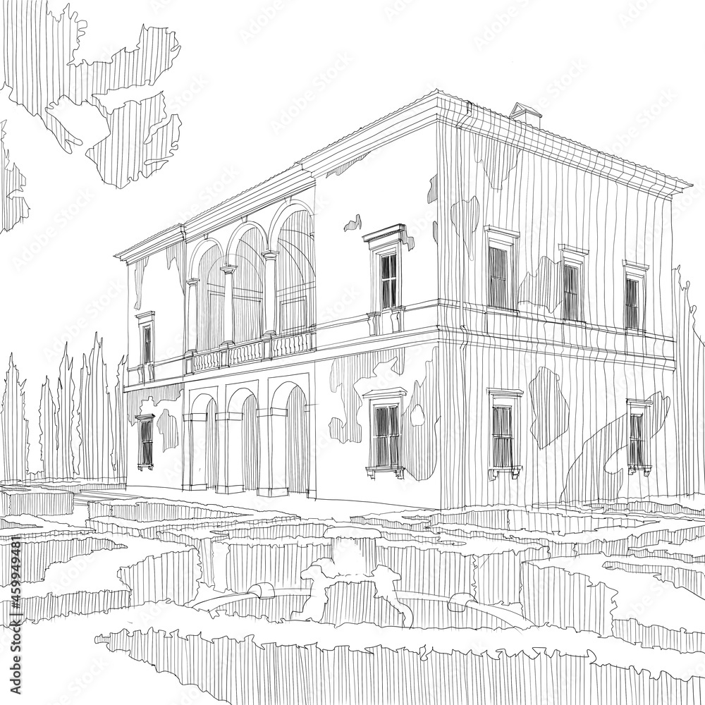 Classic Italian villa in the park. Architectural drawing of an old Italian villa.