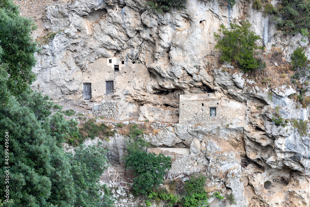 remains of an old stables carved out of the rocks on the path of the gods (sentiero degli dei) on the Amalfi Coast. Agerola, Positano, Campania, Italy