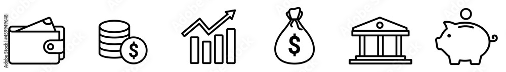 Finance icon set. Wallet icon, Business Icon, money symbol. Piggy bank, growing chart icon. money bag, dollar stack. vector illustration Finance icon set. Wallet icon, Business Icon, money symbol. Piggy bank, growing chart icon. money bag, dollar stack. vector illustration