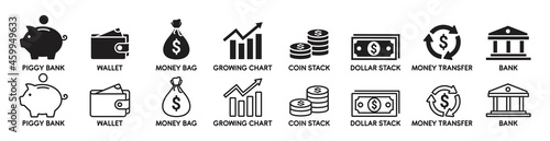 Finance icon set. Wallet icon, Business Icon, money symbol. Piggy bank, growing chart icon. money bag, dollar stack. vector illustration