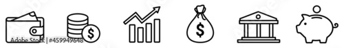 Finance icon set. Wallet icon, Business Icon, money symbol. Piggy bank, growing chart icon. money bag, dollar stack. vector illustration