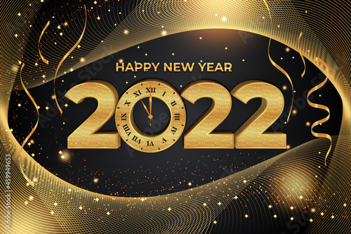 Happy new year 2022 editable text effect with clock black gold backround style