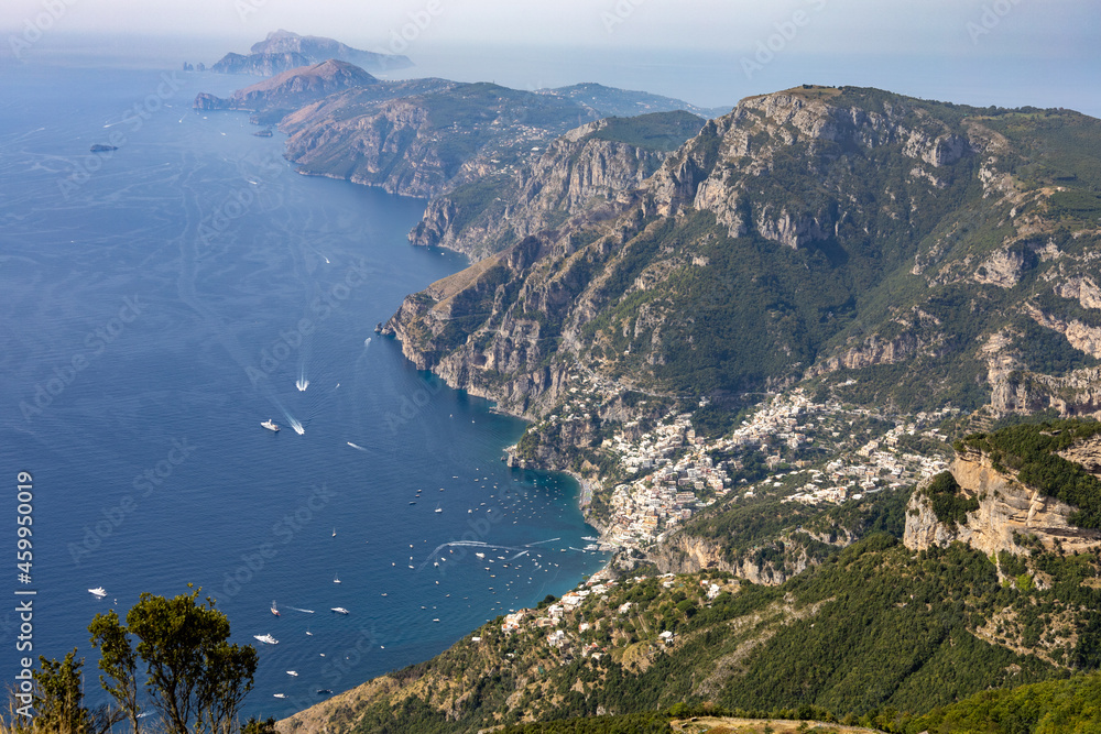 beautiful view of the Amalfi coast, Positano and Capri in the background seen from the famous Path of the Gods (sentiero degli Dei). Agerola, Positano, Campania, Italy