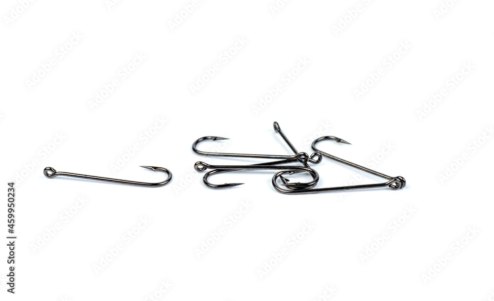 Hooks for professional spinning fishers isolated on white. Hooks for professional spinning fishers isolated on white.