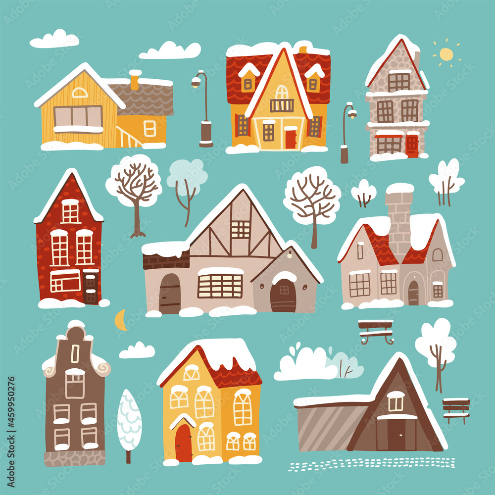 Different Winter houses set. Brick and wooden christmas houses covered with snow. Winter background with cartoon countryside buildings. Winter time landscape constructor.