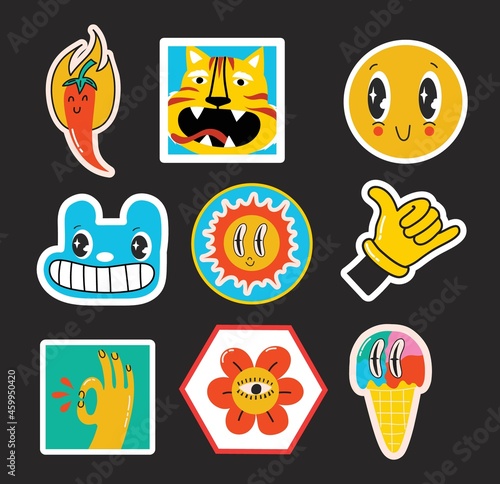 Hand drawn Vector illustrations of Set of Various patches, pins, stamps or stickers with abstract funny cute comic characters. © virinaflora