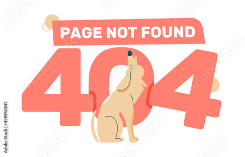 Concept design of an empty state on a web page. Error 404, page not found. Something went wrong, technical work. Vector flat illustration with a howling dog.