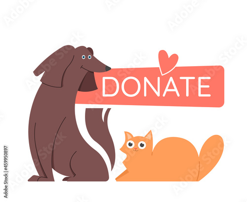 Dog and cat sit tohether. Support for a animal shelter, volunteering. Vector flat illustration.