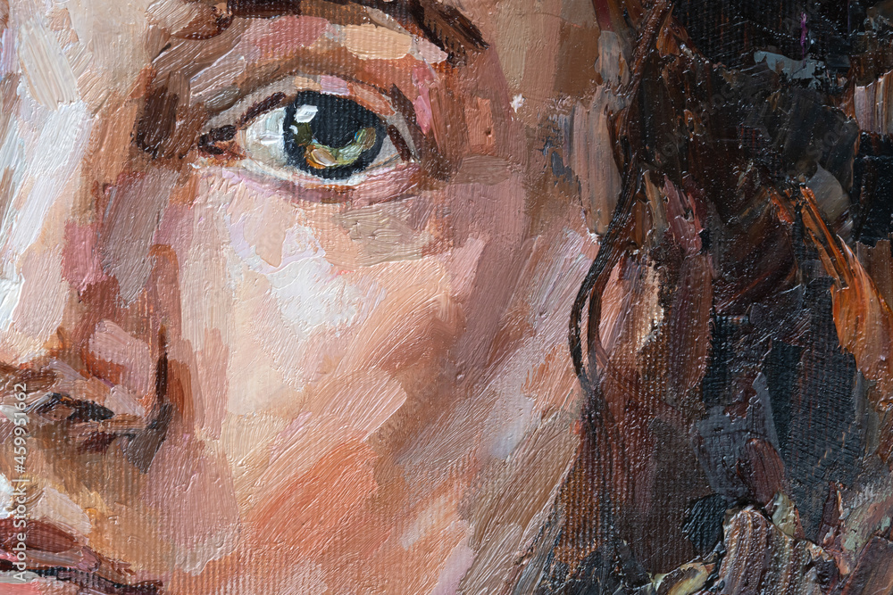 A fragment of a painting depicting a young girl. Green-eyed girl on a brown background. Oil painting on canvas.