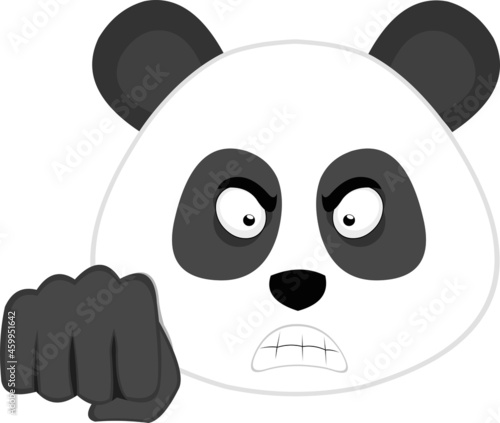Vector emoticon illustration of the face of a cartoon panda bear with an angry expression and giving a fist bump
