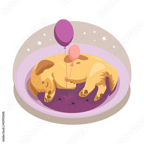Cute childish illustration. Sleeping puppy with balloons on a purple pillow. For nursery, postcards, stickers, fabric character for kids