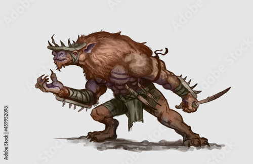 Digital painting of a rodent like Kobold creature with primitive armor and weapons isolated on white - fantasy illustration photo