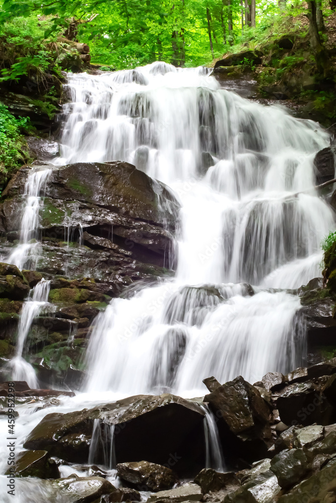 Fototapeta premium Beautiful mountain waterfall Shypot in a dense forest in early spring. Pylypets, Carpathian Mountains, Ukraine