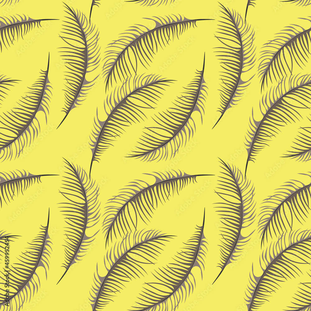 Stylish seamless pattern of gray feathers on a yellow background. A repeating vector texture suitable for clothing, wallpapers, covers, banners, cards, tiles, packaging umagi, fabrics and other decor