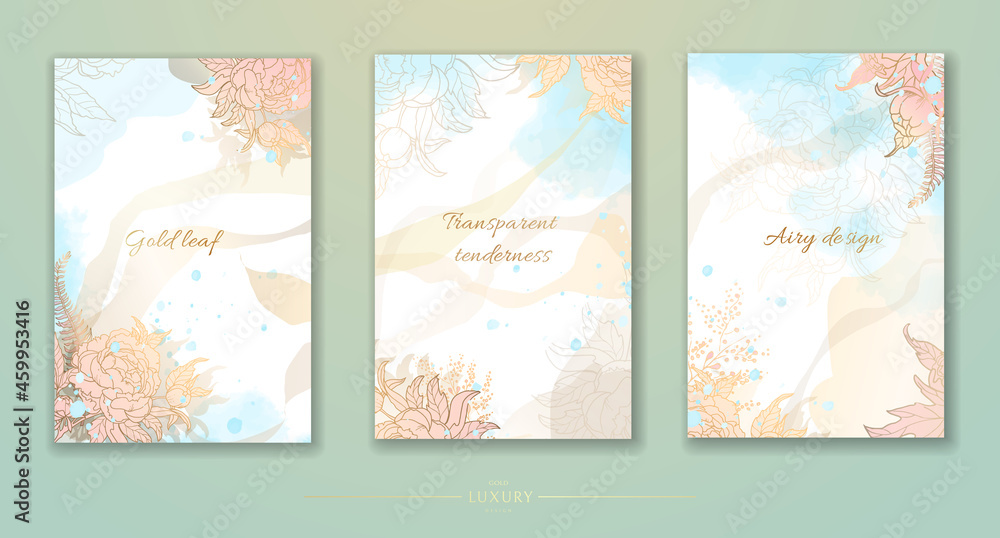 Gold frame, leaves and flowers of peony. A set of three. Light background with watercolor stains and splashes. Delicate botanical illustration. Vector drawing.