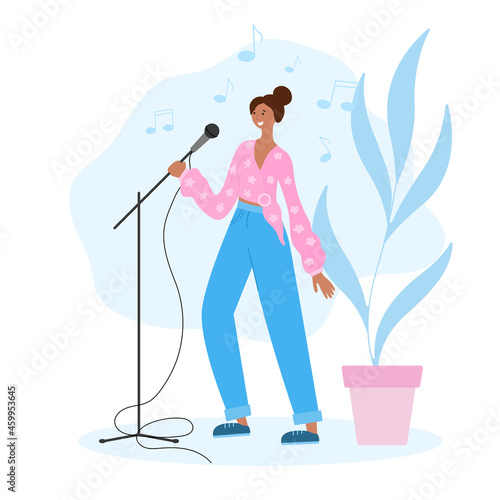 The girl sings in a music studio. Vector illustration of a karaoke bar in a flat style. Character for design.