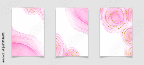 Abstract blush pink liquid watercolor background with golden glitter stains and lines. Rose marble alcohol ink drawing effect with gold foil. Vector illustration template for wedding invitation