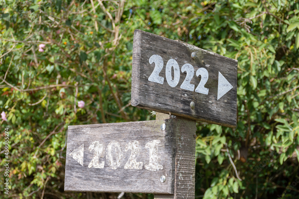 Signage posters indicating the end of the year 2021 and the beginning of the year 2022. The letters of 2021 deteriorated because it is an old year and those of 2022 better because it is the new year.