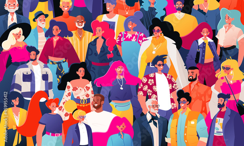 Crowd of people. Vector illustration. Concept of equality, gender diversity, absence of racist prejudices, age restrictions, healthy interaction between different people in worlwide comunity photo