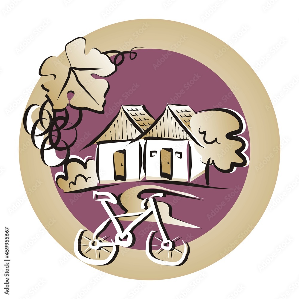 emblem for viticulture, cellar and bicycle, circle frame, vector illustration emblem for viticulture, cellar and bicycle, circle frame, vector illustration
