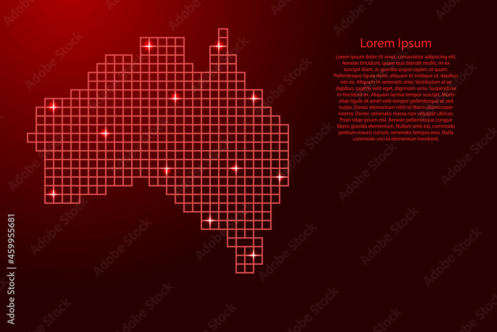 Australia map silhouette from red mosaic structure squares and glowing stars. Vector illustration.