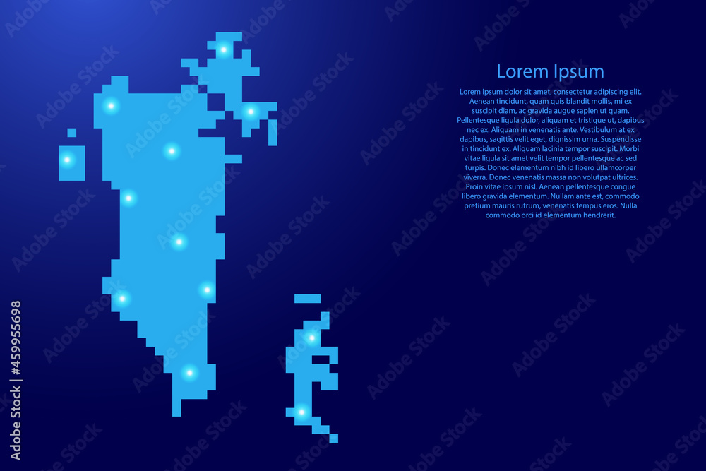 Bahrain map silhouette from blue square pixels and glowing stars. Vector illustration. Bahrain map silhouette from blue square pixels and glowing stars. Vector illustration.