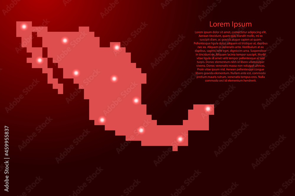 Fototapeta premium Mexico map silhouette from red square pixels and glowing stars. Vector illustration.