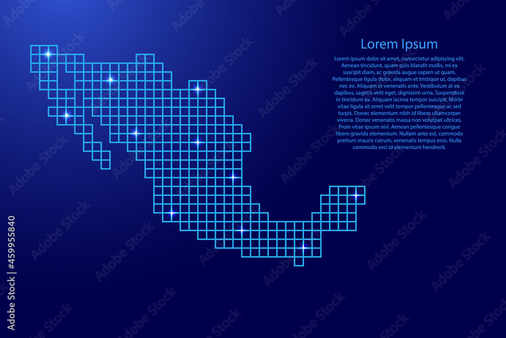 Mexico map silhouette from blue mosaic structure squares and glowing stars. Vector illustration.