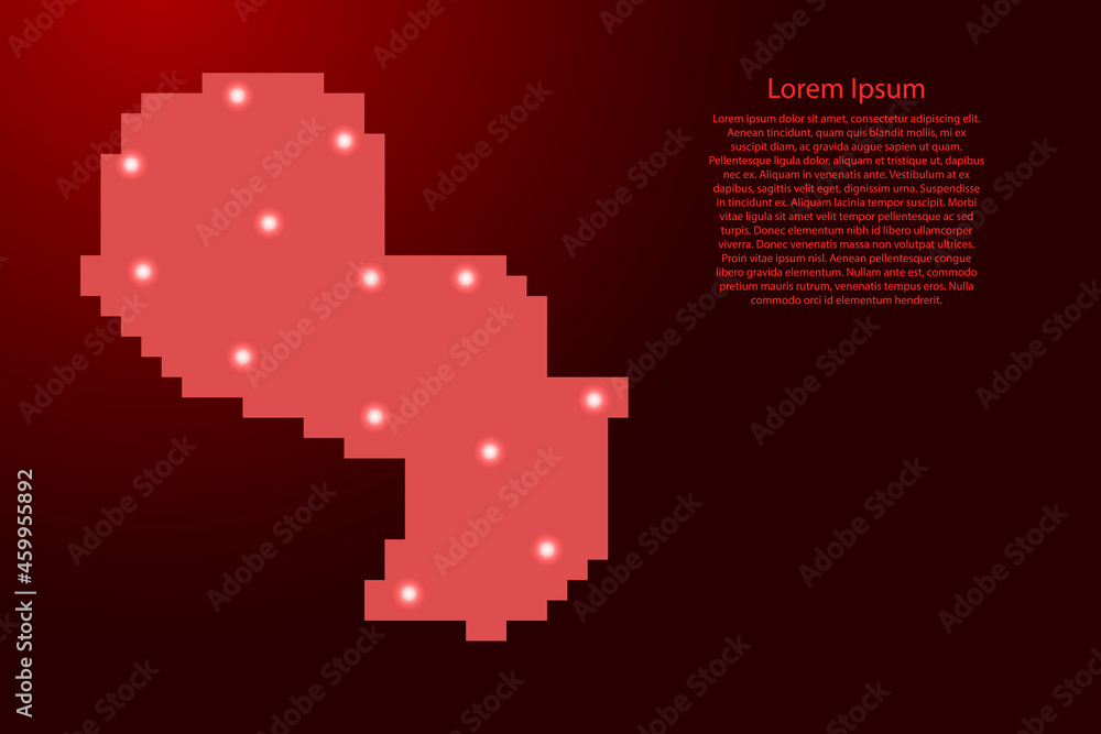 Paraguay map silhouette from red square pixels and glowing stars. Vector illustration.