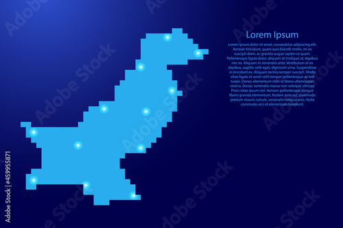 Pakistan map silhouette from blue square pixels and glowing stars. Vector illustration.