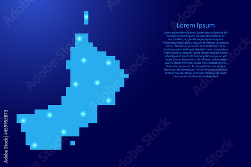 Oman map silhouette from blue square pixels and glowing stars. Vector illustration.